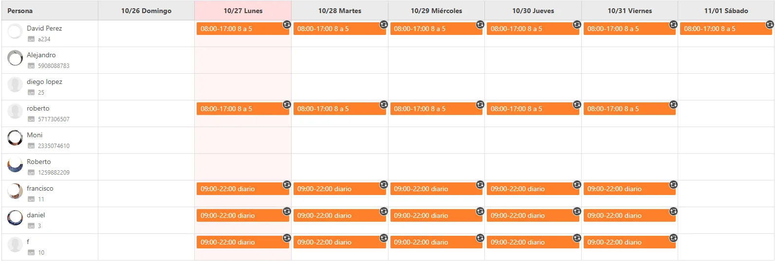 Calendario de asignacion de horario laboral